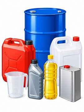 Collection Of Lubricant Oil Containers And Measuring Jug Isolated On White Background