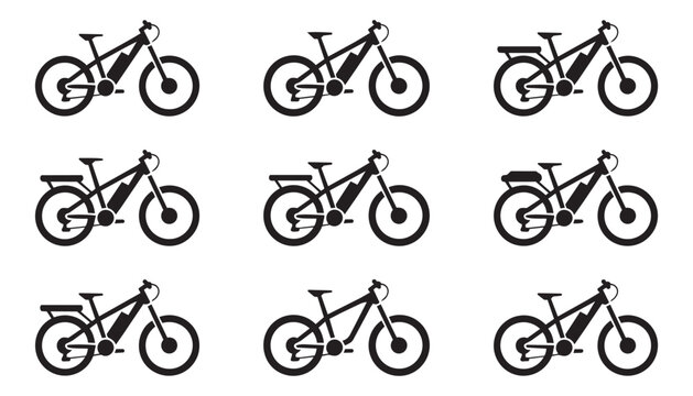 Electric mountain bicycle vector icons in black silhouette style. Hybrid commuter and sports e-bike designs for outdoor cycling recreation themes.