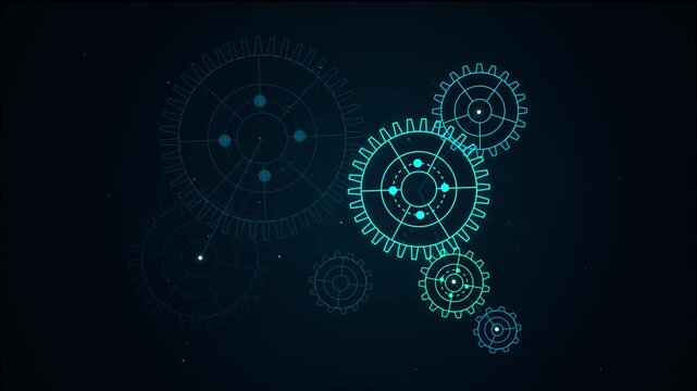 Digital gear mechanism animation: technology concept with rotating cogs and glowing data network connections