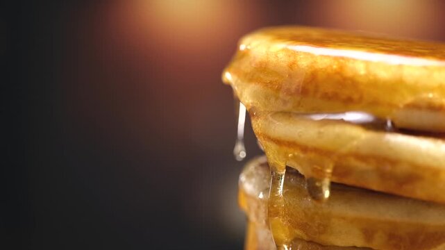 Pancakes stack with dripping honey syrup