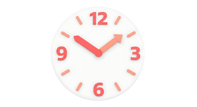Time Watch Modern 3d Rendered Wall Clock with Red Numeric Indicators and Hands Showing Ten Minutes Past Ten Isolated on a White Background