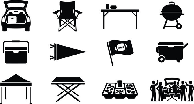 Tailgate party vector icons collection featuring essential outdoor equipment like portable grills folding chairs tables and coolers for event celebration