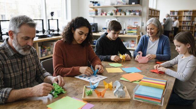Diverse multigenerational group folding colorful paper origami animals in library makerspace workshop. Concept of paper craft, craft class, hobby.