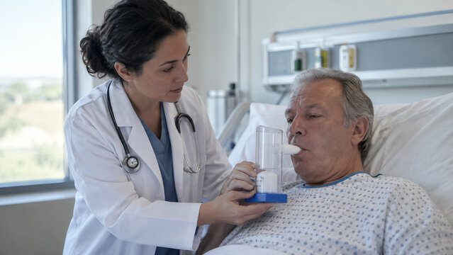 Doctor assisting mature patient with incentive spirometer in hospital bed. Concept of breathing exercise, postoperative care, nurse, respiratory therapy, lung recovery, medical care.