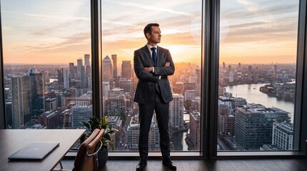 Fototapeta na wymiar Confident businessman in suit looking at city sunset from high office