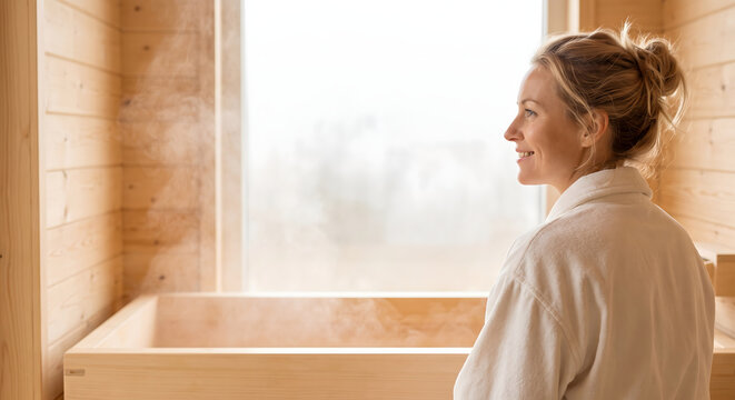 Young caucasian woman relaxing in a warm yuzu bath, looking out a frosted bathroom window at the winter snow while soaking