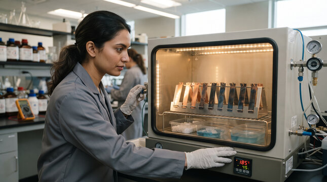 Female scientist testing metal corrosion samples in climate chamber laboratory. Concept of humidity, test coupons, metallurgy, material science, scientific research, chemistry lab.