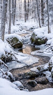 Frozen Creek and Mossy Rocks in Winter