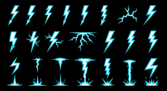 Large Collection of Blue Lightning Bolt Icons and Electric Spark Elements Isolated on a Black Background for Graphic Design and Gaming