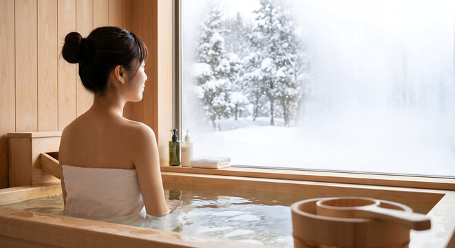 Young japanese woman relaxing in a warm yuzu bath, looking out a frosted bathroom window at the winter snow while soaking