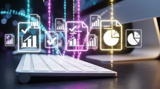 Digital document management concept with glowing chart icons and binary data over a computer workstation for business intelligence analysis