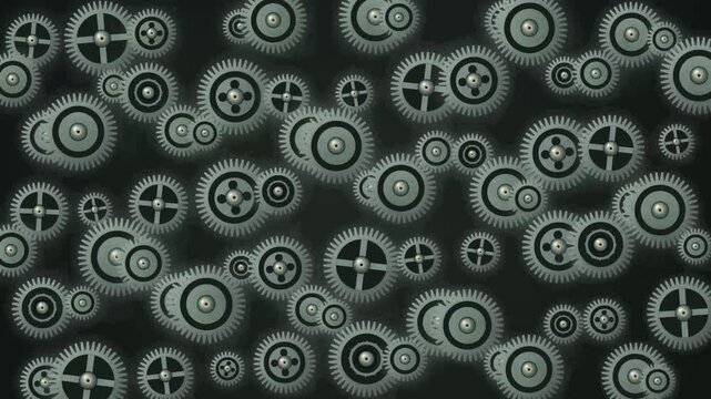 Rotating mechanical gears background, industrial clockwork mechanism animation, engineering concept loop