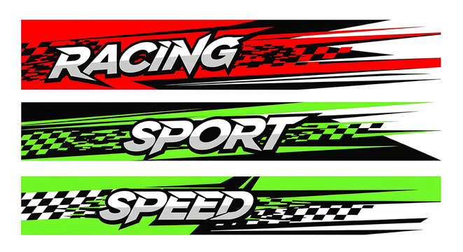 Decal Sport Set of Three Horizontal Automotive Racing Decals Featuring Speed Stripes Checkered Flag Patterns and Dynamic Typography for Sports