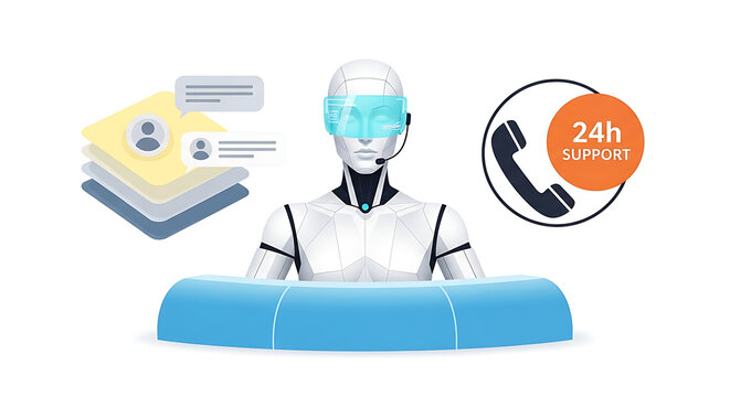 Futuristic Humanoid Robot Assistant with Vr Headset Providing 24h Customer Support and Automated Chat Services on a White Background