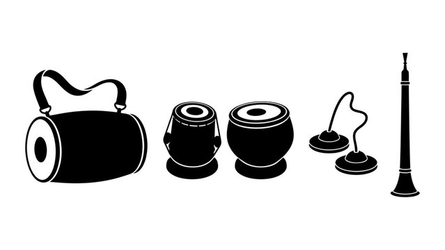 Traditional Indian musical instruments vector icon set including dholak tabla manjira and shehnai for cultural celebration