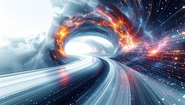 High-speed big data flow, intricate curves, abstract digital data streams of quantum computing, a cyber world of qubit traces, and modern data transmission against a white background.