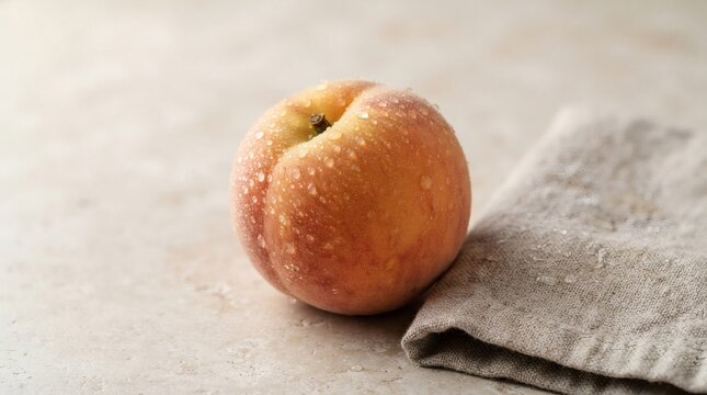 A single ripe peach with water droplets on its skin rests on a textured surface next to a linen cloth