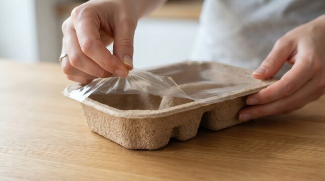 Person opening a biodegradable egg carton with a plastic lid