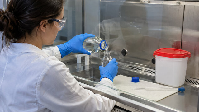 Female scientist pouring chemical liquid inside laboratory fume hood during research experiment. Concept of xylene, vessels, chemistry, biology.