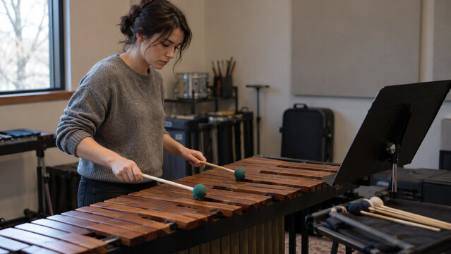Focused female musician playing marimba with mallets during music rehearsal in studio. Concept of percussionist, percussion, xylophone, music school, practicing.