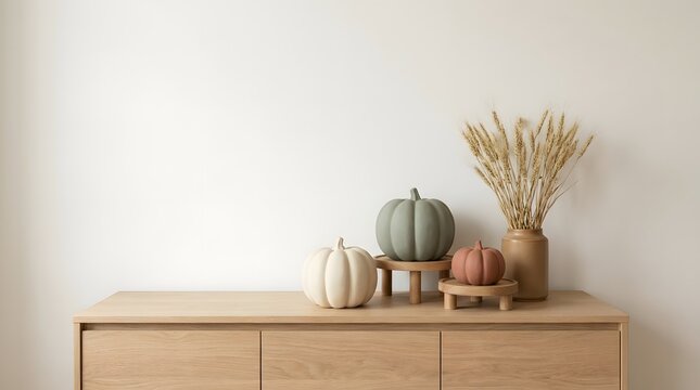 Decorative pumpkins and dried wheat stalks on a wooden sideboard.