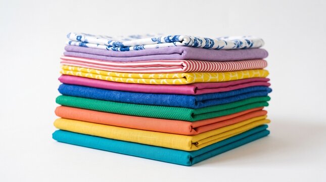 A stack of neatly folded bright fabric sheets on a white background offers a variety of textiles for clothing design, home decor, or creative projects.