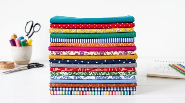 A stack of neatly folded bright fabric sheets on a white background offers a variety of textiles for clothing design, home decor, or creative projects.