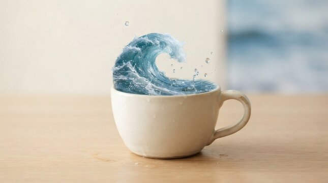 A small wave crashing inside a white coffee cup on a wooden table