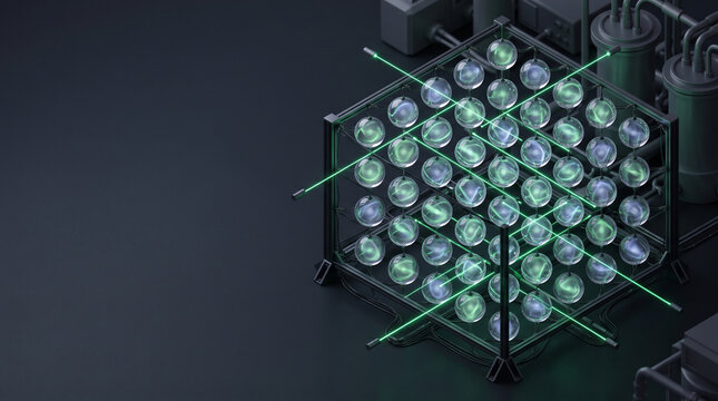 Isometric 3D render of suspended glass qubit spheres in superposition targeted by glowing emerald laser control beams on dark slate backdrop with copy space