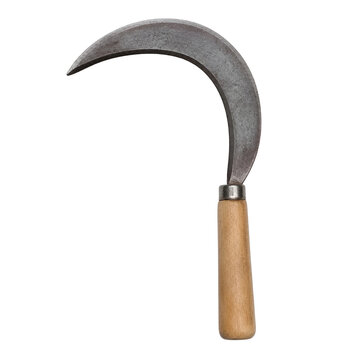 Traditional iron sickle with a wooden handle used for harvesting crops and farming isolated on a white background
