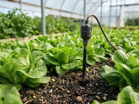 Close up of a black irrigation sensor probe inserted into dark soil surrounded by green butter lettuce plants inside a greenhouse