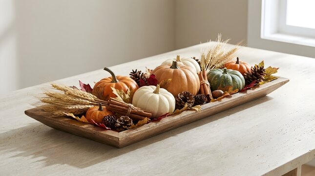 Thanksgiving centerpiece with pumpkins, pinecones, and wheat in a wooden dough bowl.