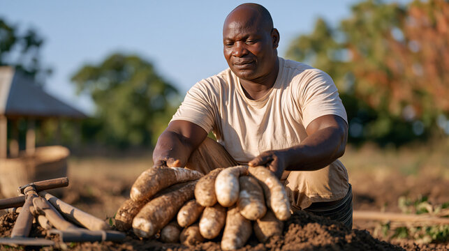 Nigerian farmer inspecting cassava roots pulled freshly from the soil, farm tools nearby, tropical scrubland setting, family smallholder agriculture, West Africa food crop staple