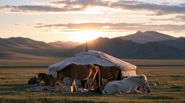 Mongolian herder family collecting mare milk in traditional birchwood buckets at sunrise, horses gathered near a round felt dwelling, steppe landscape, seasonal dairy harvest