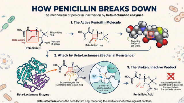 Penicillin inactivation diagram details beta lactamase enzymatic cleavage and chemical ring hydrolysis.