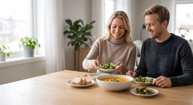 Caucasian couple enjoying warm simmered pumpkin dish in a cozy dining room