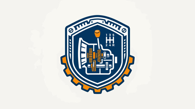 A shield emblem featuring a transmission gearshift and gears, symbolizing mechanical engineering and technology. The design is intricate with blue, orange, and metallic accents.