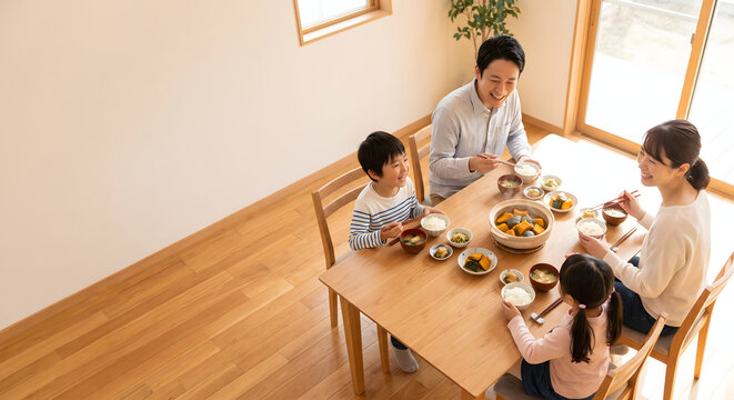 Asian family enjoying traditional simmered kabocha squash for dinner