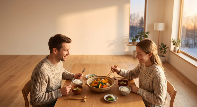 Caucasian couple enjoying warm simmered pumpkin dish in a cozy dining room