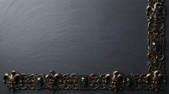 Bronze jester and skull frame adorns a dark gray surface