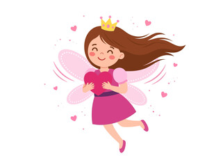 Fototapeta premium Cute Cartoon Fairy Princess Holding a Heart, Adorable Little Girl with Wings and Crown Illustration for Valentine's Day and Kids' Cards
