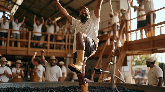 Inside a cooperative winery, a bearded man in rubber boots stomps barefoot in a large shallow vat of crushed grapes, both arms raised in joyful effort, juice staining his legs as