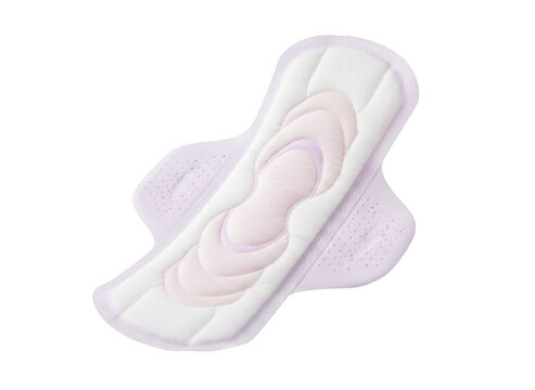 A single feminine hygiene sanitary pad with a soft purple pattern, designed for comfort and protection, isolated on a black background, view isolated on a transparent background
