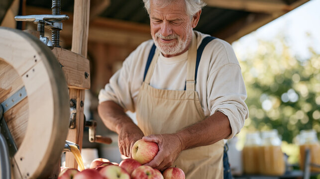 A retiree carefully pressing freshly harvested apples through a hand cranked cider press in a garden shed, amber juice flowing into glass jugs, autumn hobby lifestyle homesteading