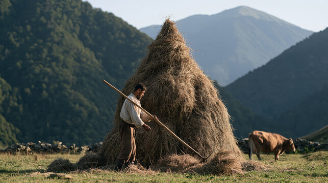A Georgian mountain farmer stacks freshly cut hay into a traditional tall pointed stack using a long wooden pitchfork, dense forested ridges rising steeply in the misty background