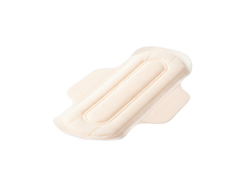 A single feminine hygiene sanitary pad with a soft white surface, isolated on a white background, for menstrual health, and personal care advertising isolated on a transparent background