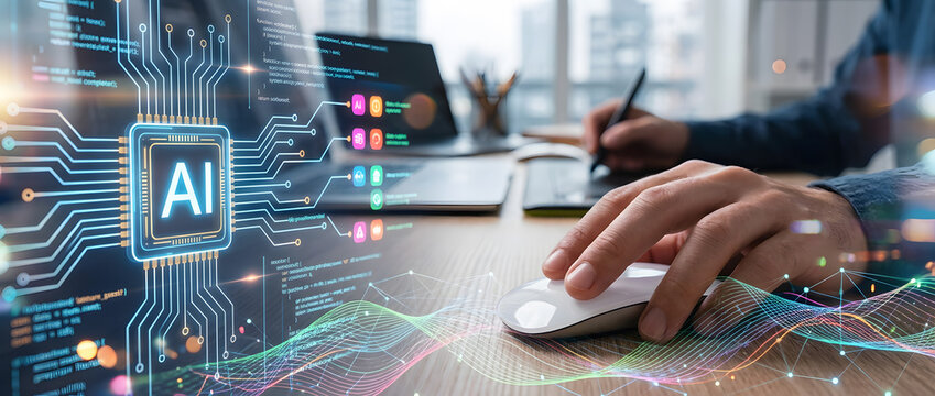 Futuristic AI Concept With Digital Artist Hand Operating Mouse And Pen Tablet