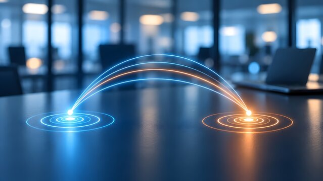 Futuristic glowing data transfer lines connecting two digital nodes on a corporate office desk illustrating peer to peer network communication