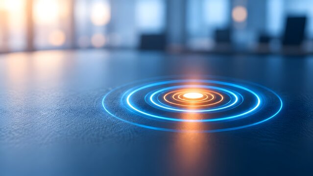 Glowing concentric digital circles emitting from a central light source on a sleek dark surface representing wireless communication and sonar signals