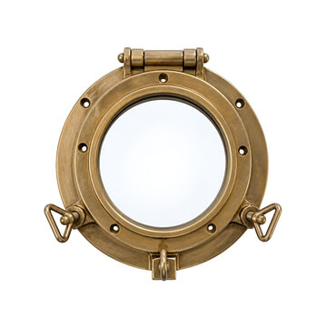 A vintage brass ship porthole isolated on a white background, symbolizing nautical travel and maritime history